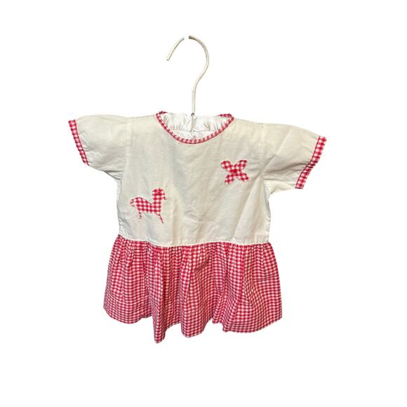 Vtg Handmade Wht/Red Check Dress, Stitched Horse/Flower 9-12months - Picture 2 of 11